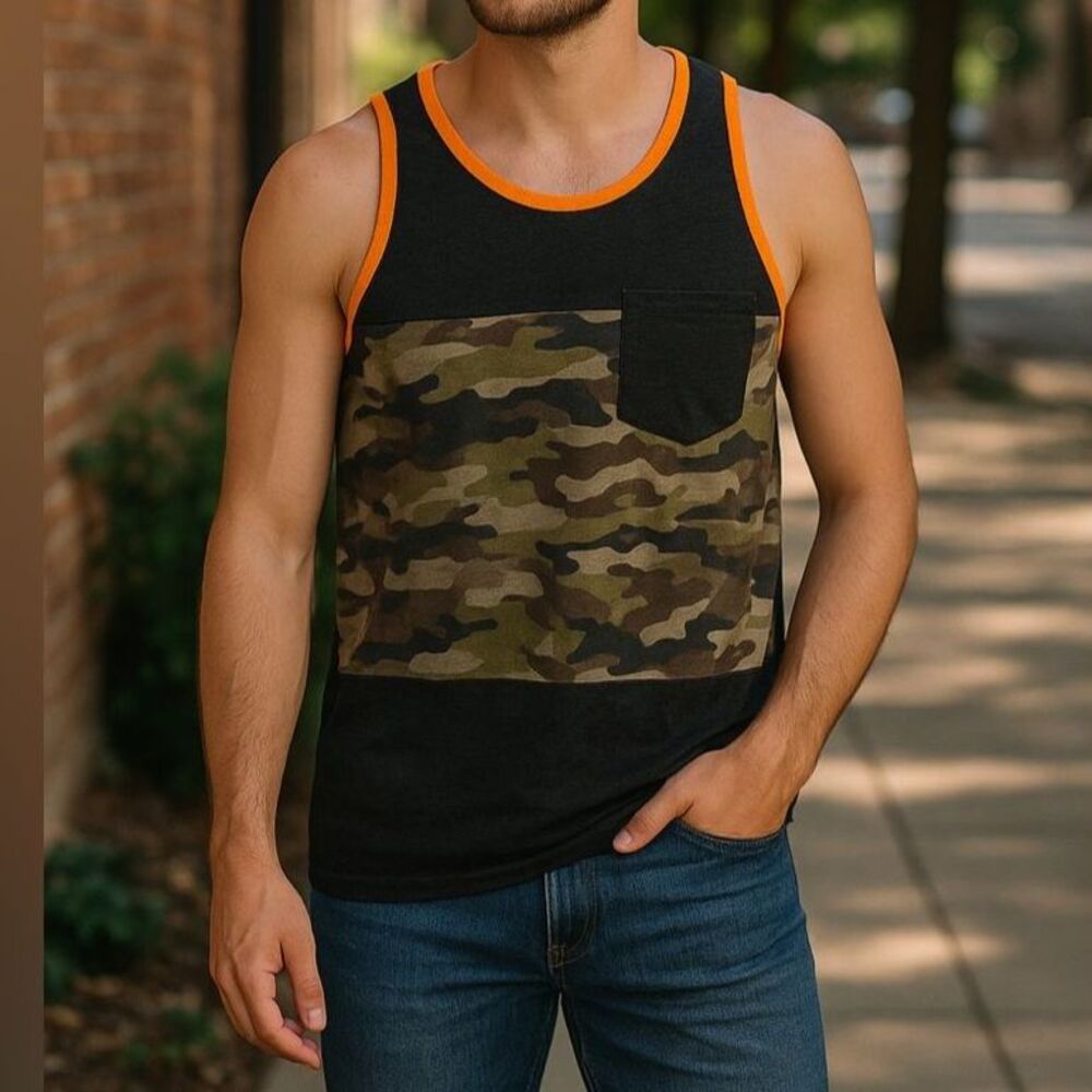 Levi’s Men’s XL Camo Tank Top Colorblock Pocket Black Orange Sleeveless